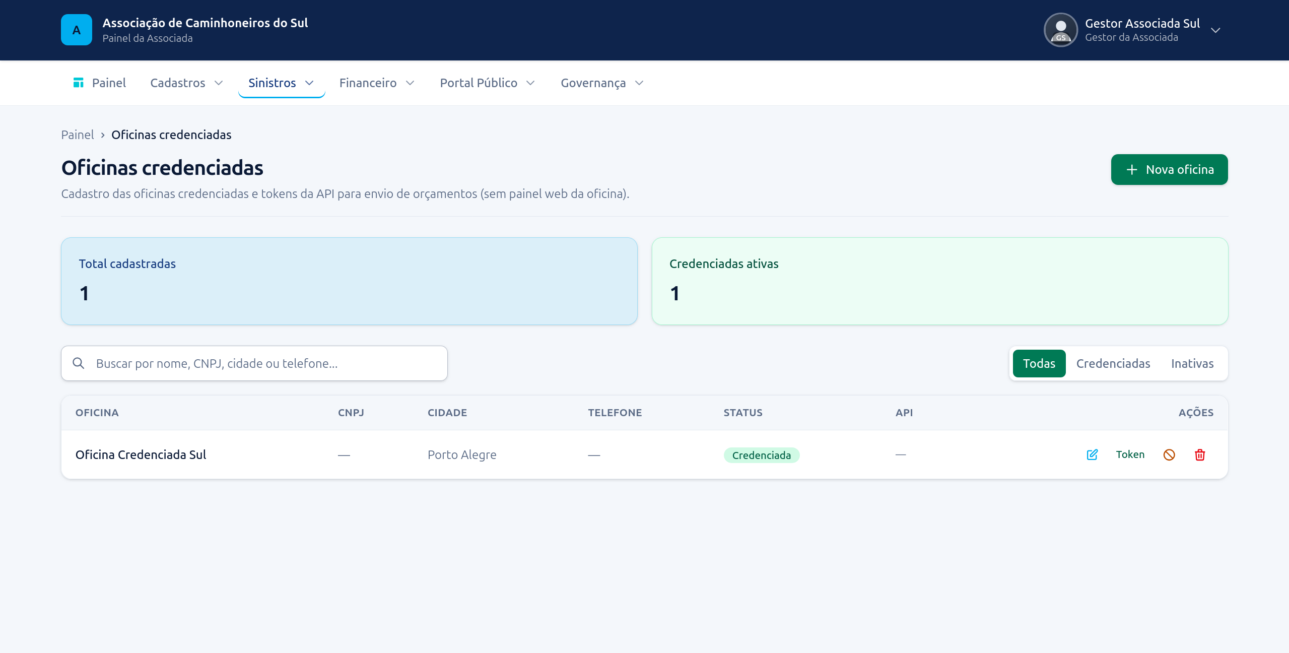 Cadastro de oficinas credenciadas e tokens de API para orçamentos